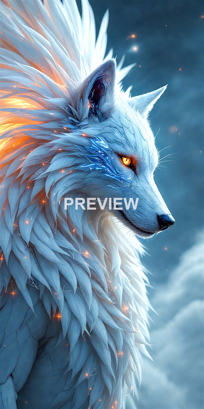 A majestic white wolf with glowing orange eyes, surrounded by a mystical aura with sparks of light on its fur, set against a cloudy sky background.